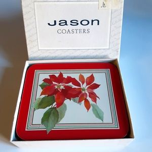 Vintage JASON Cork Backed Drink Coasters Christmas Poinsettia Original Box